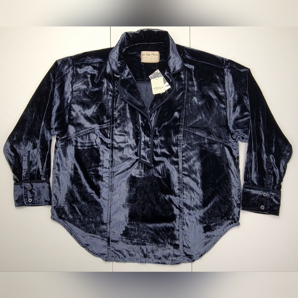 We the Free Womens Blue Luxe Crushed Velvet Oversized Tunic Top Small New